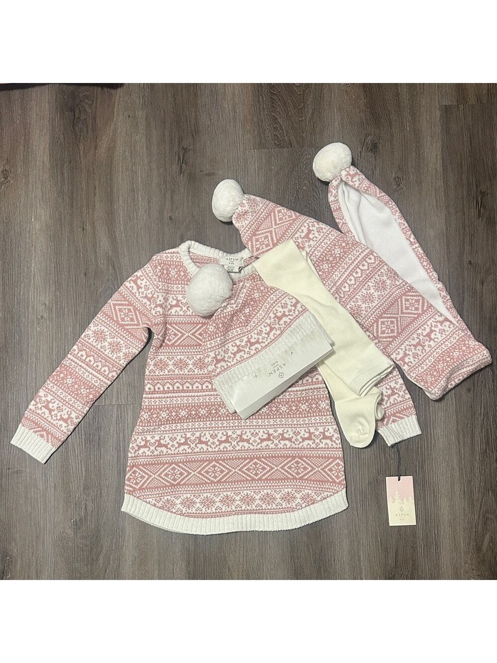 Pink and White Knit Sweater Dress with Tights, Hat and Scarf Set 5/6